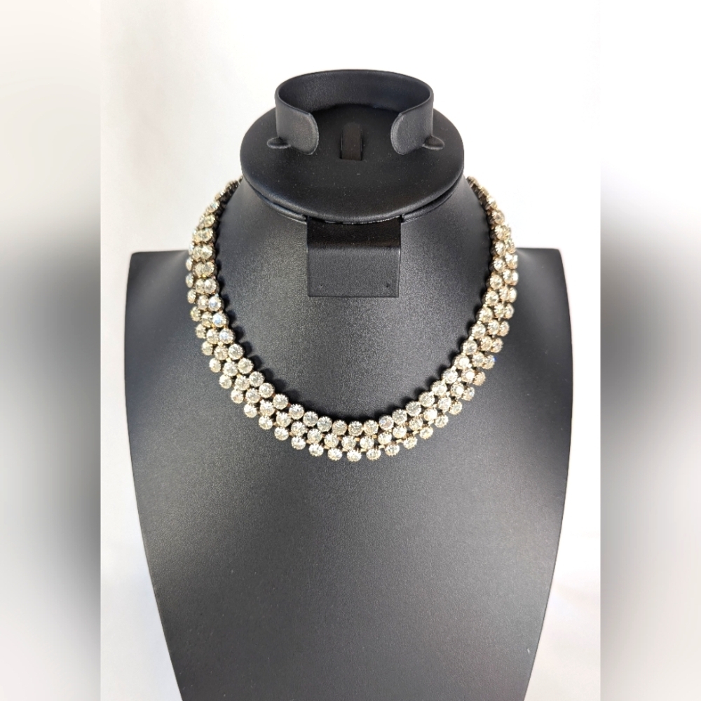 Vintage Crystal Rhinestone Necklace Three Strand Collar Silver Sparkly Art Deco